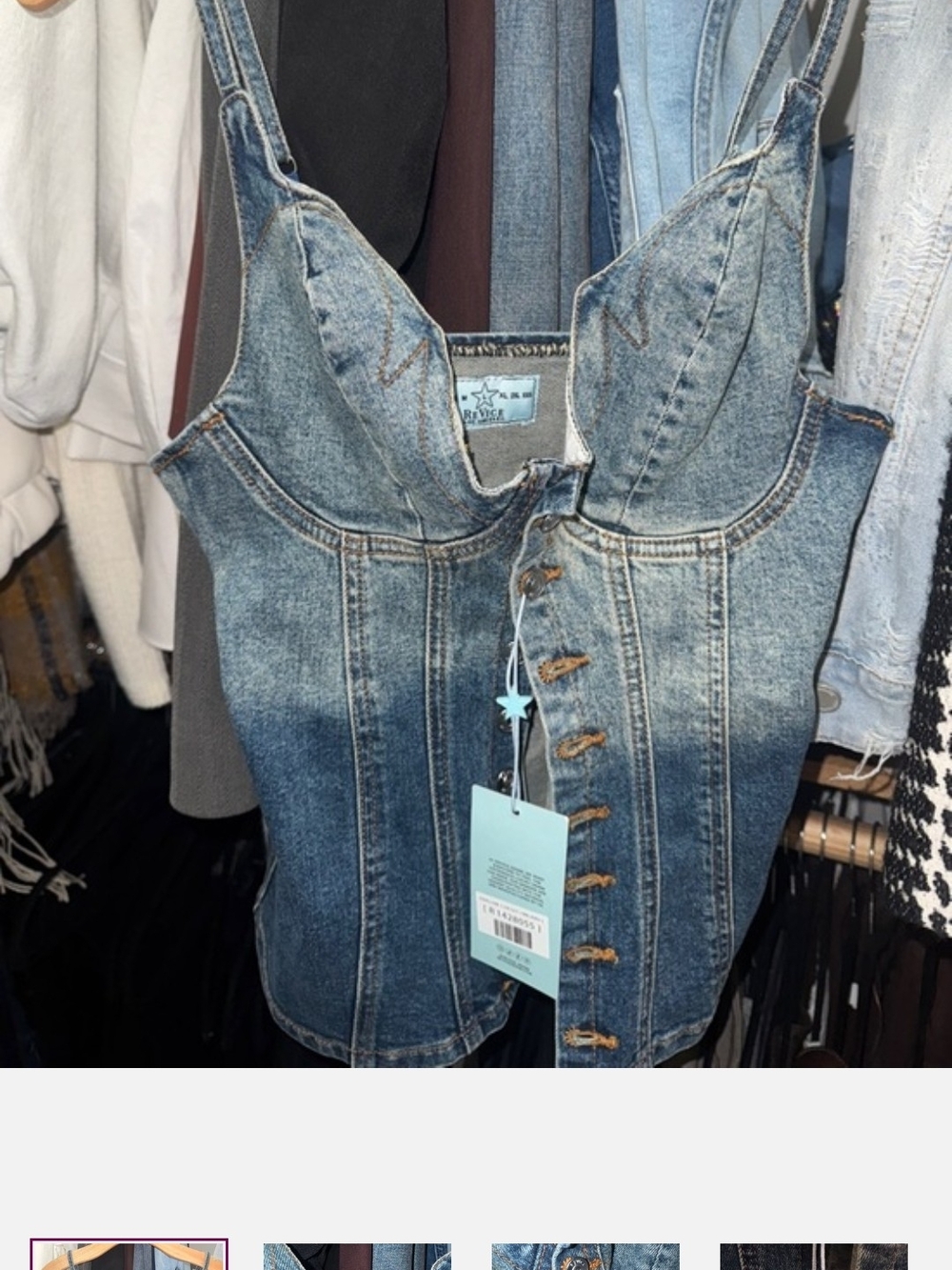 New REVICE Light Blue Vintage Denim Top with Contrast Stitching Brand New Large